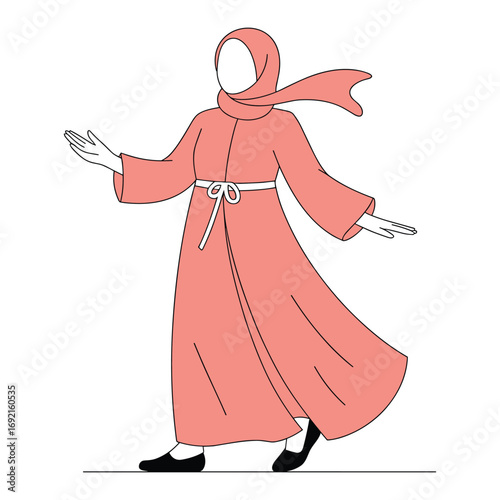Stylized illustration of a woman in a flowing pink abaya and hijab dancing