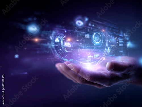 Wallpaper Mural Modern cyber technology design with glowing icons and HUD graphics Torontodigital.ca