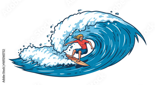 Surfer rides a large crashing wave with white foamy spray
