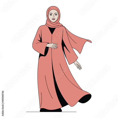 Stylish muslim woman wearing a flowing pink abaya and hijab