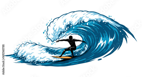Surfer riding a wave with outstretched arms in a stylized graphic illustration