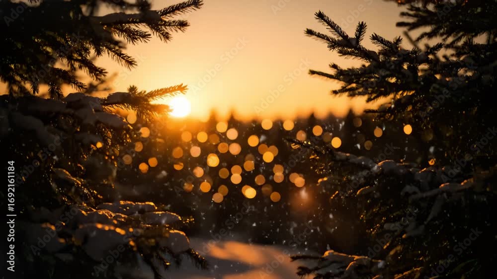 Golden Hour Christmas Bokeh With Sunset Amber and Snow Golden Hour Christmas Bokeh With Sunset Amber and Snow