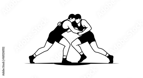 Two wrestlers are grappling each other on a black ground in a white background