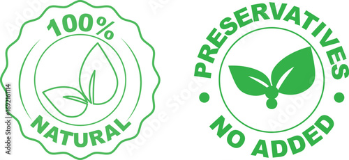 Green icons declare product is one hundred percent natural and has no preservatives