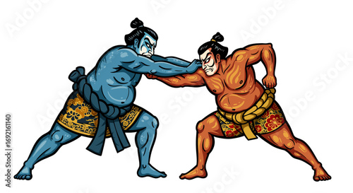 Two sumo wrestlers one blue and one orange clash gripping each other facetoface