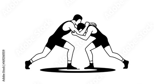 Two wrestlers in singlets locked in a grappling stance on a circular mat rendered in black and white