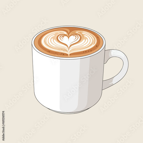 A latte with heart-shaped latte art in a white mug.
