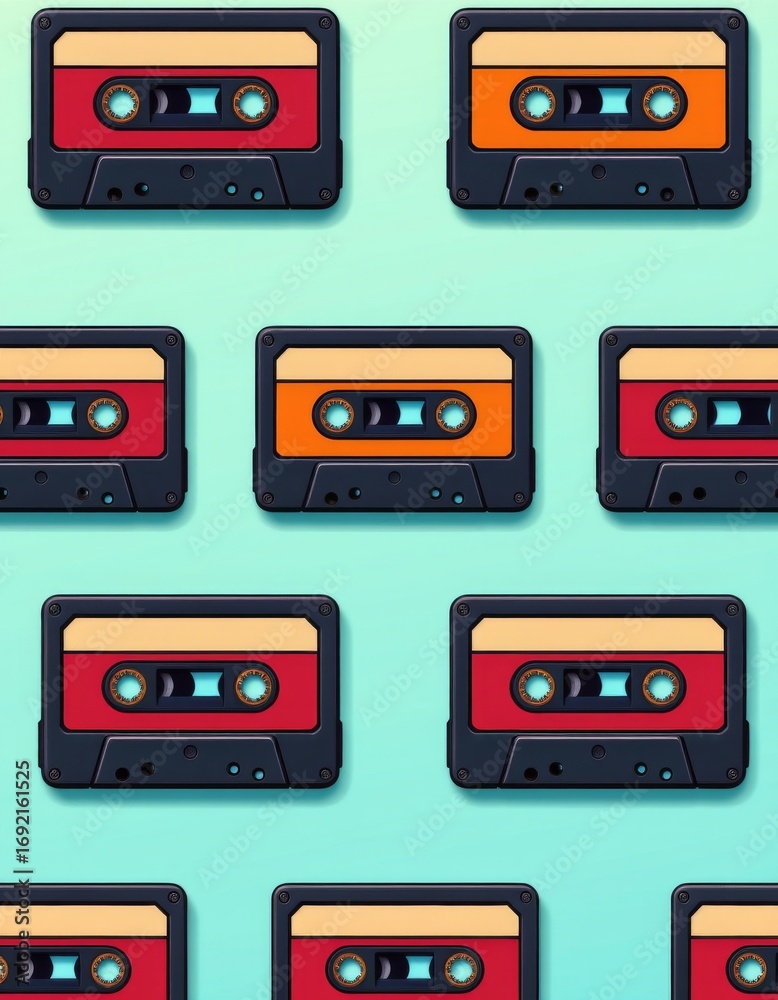 Obraz premium The image features a pattern of vintage audio cassette tapes arranged in a grid on a light blue background