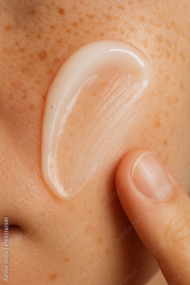 Fototapeta premium Close-up of a finger smearing a clear cosmetic gel swatch on freckled skin.