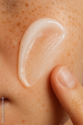 Close-up of a finger smearing a clear cosmetic gel swatch on freckled skin.