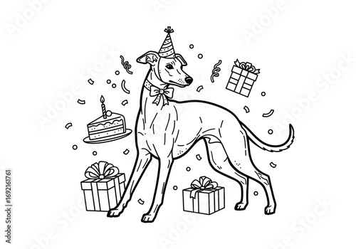 Whippet dog celebrating birthday with festive hat and gifts around