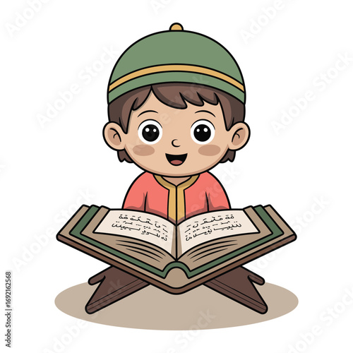 Adorable cartoon boy wearing a kufi reads from an open holy book on a stand