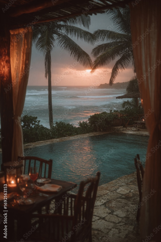 Obraz premium Tropical beach view at sunset with a pool and dining setup