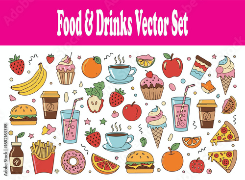 A seamless vector pattern of doodle food and drink icons, including sweet desserts, breakfast items, and restaurant meals