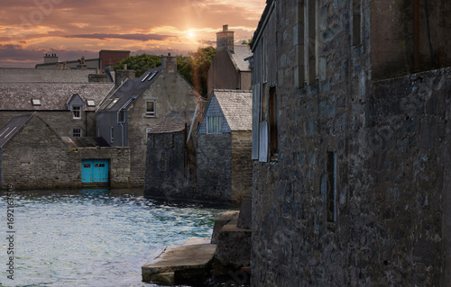 Coastal medieval houses in Lerwick's scenic landscape