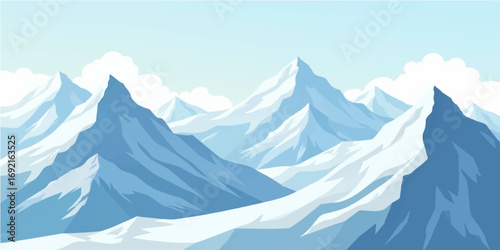 A stunning panorama of snow-capped mountains and a cold, alpine landscape under a blue winter sky