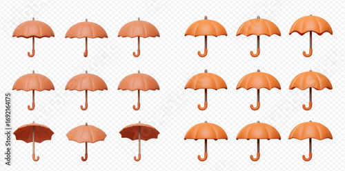 Numerous 3D rendered orange umbrellas in various open and closed states, presented on transparent and white backgrounds.