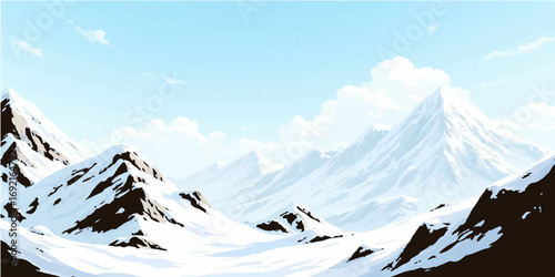 A panoramic winter landscape of snow-covered alpine mountains under a cloudy sky