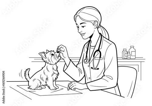 Female veterinarian examining Yorkshire Terrier puppy in a veterinary clinic office
