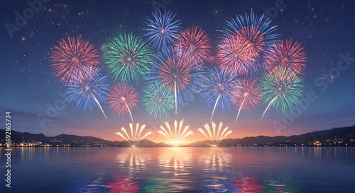 Happy Diwali Deepavali New Year festival celebration with colorful fireworks over water sky night city lights Durga Puja Navratri holiday background festive illustration for commercial greeting design