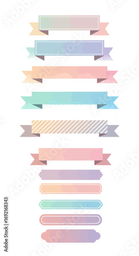 Set of colorful pastel gradient and holographic ribbon banners.