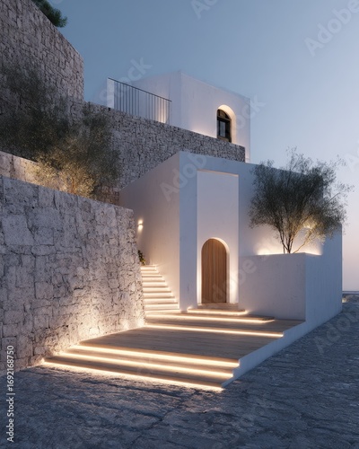 Modern Mediterranean villa entrance, illuminated steps leading to a white facade at twilight.