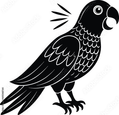 Black and white vector illustration of a cockatoo parrot squawking loudly on white background
