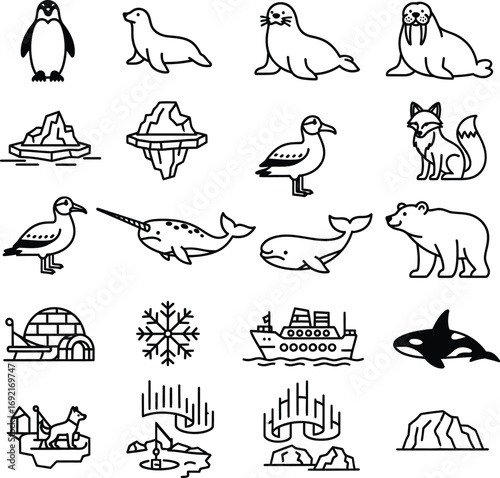 A comprehensive graphic set of thin line icons depicting Arctic nature, polar wildlife, and cold climate symbols