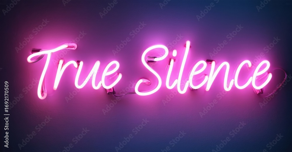Fototapeta premium Bright pink neon sign displays True Silence. Background features gradient purple, black hues. Minimalist aesthetic, modern design.