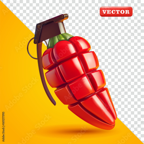 Grenade-shaped chili pepper, 3D vector. Suitable for advertising and food