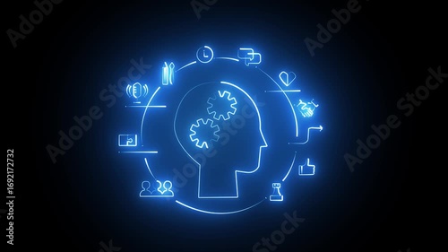 Abstract glowing neon Brain Icon on black background.Thought Leadership icon, Public Relations concept for construction, Investment, business development and Engineering. Human icon with glowing light