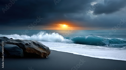 A sunrise over a black sand beach near a volcano, waves crashing against rugged rocks, moody and cinematic atmosphere, fine art landscape photography