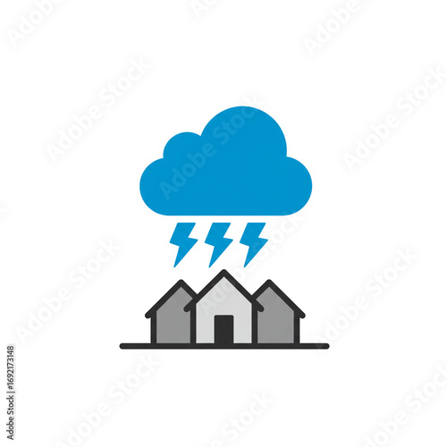 Storm cloud icon with lightning bolts above three houses symbolizing business risk and warning