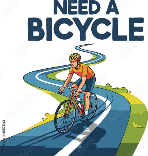 Create Need A Bicycle and Man Riding Zik Zak Road vector art color with white background.