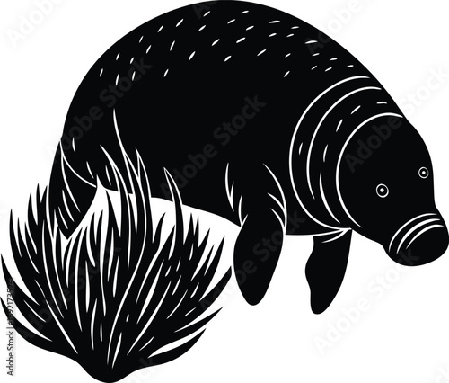 Black and White Manatee Silhouette Swimming Near Sea Grass Illustration on white background
