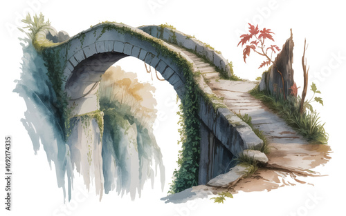 Watercolor Stone Bridge Vector with Waterfall and Foliage Illustration Design