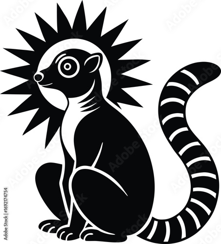 Black and White Image of a Lemur with a Sunburst Halo on white background