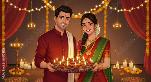 Smiling Indian couple in traditional attire holding decorated plate with glowing diya lamps for Diwali Deepavali celebration festival of lights cultural Puja Navratri Durga worship festive home 