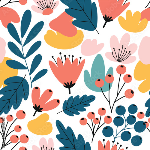 Modern spring flower pattern in bright colors, decorative vector art for packaging and fabric design.