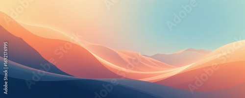 The image depicts a serene landscape featuring rolling hills and mountains with gentle curves