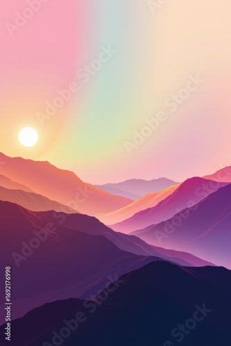 The image features a surreal landscape with multiple layers of mountain ridges that recede into the distance, gradually fading into softer hues