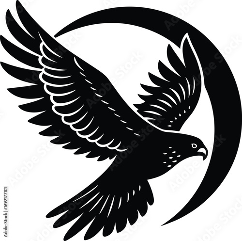 Valokuva Stylized Eagle Silhouette Soaring Before a Crescent Moon in Black and White on w