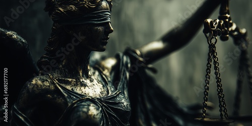 A dark, ornate statue of Lady Justice holds scales, exuding authority and solemnity. The image captures law, tradition, and timeless symbolism.