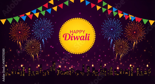 Colorful fireworks lighting up night sky above cityscape with glowing lamps festive bunting and bright celebration background for Diwali Deepavali festival of lights Hindu Puja Durga Navratri 