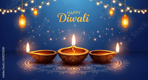 Glowing diya lamps with decorative rangoli pattern on blue festive background with golden lanterns for Diwali Deepavali celebration festival of lights Hindu Puja Durga Navratri worship cultural 