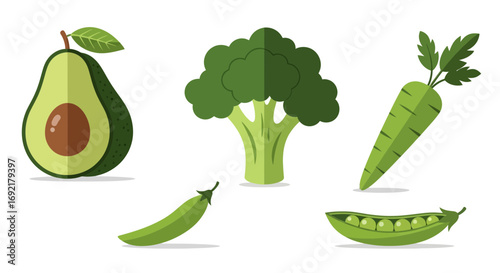 Flat Design Healthy Green Vegetables Collection: Avocado, Broccoli, Carrot, Peas, Pea Pod