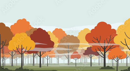 Stylized Autumn Forest Landscape with Colorful Fall Trees and Cloudy Sky Vector