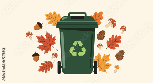 Green Recycling Bin with Autumn Leaves Mushrooms Acorns Pinecones Environment Theme Vector
