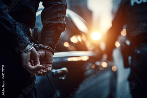 Close-up of a person in handcuffs being apprehended by the police at sunset with blurred background and modern car in urban environment, showing the justice system.
