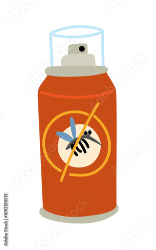 Mosquito spray can. Flat color isolated illustration. Necessary item for camping. Spray to spray around from mosquito bites, insects. Closed jar, orange. Design for postcards. Picnics, hikes, camping